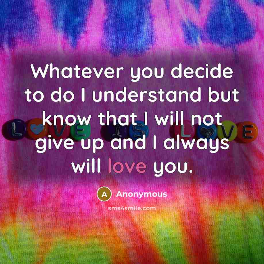 “Whatever you decide to do I understand but know that I will not give up and I always will love you.” quote by Anonymous