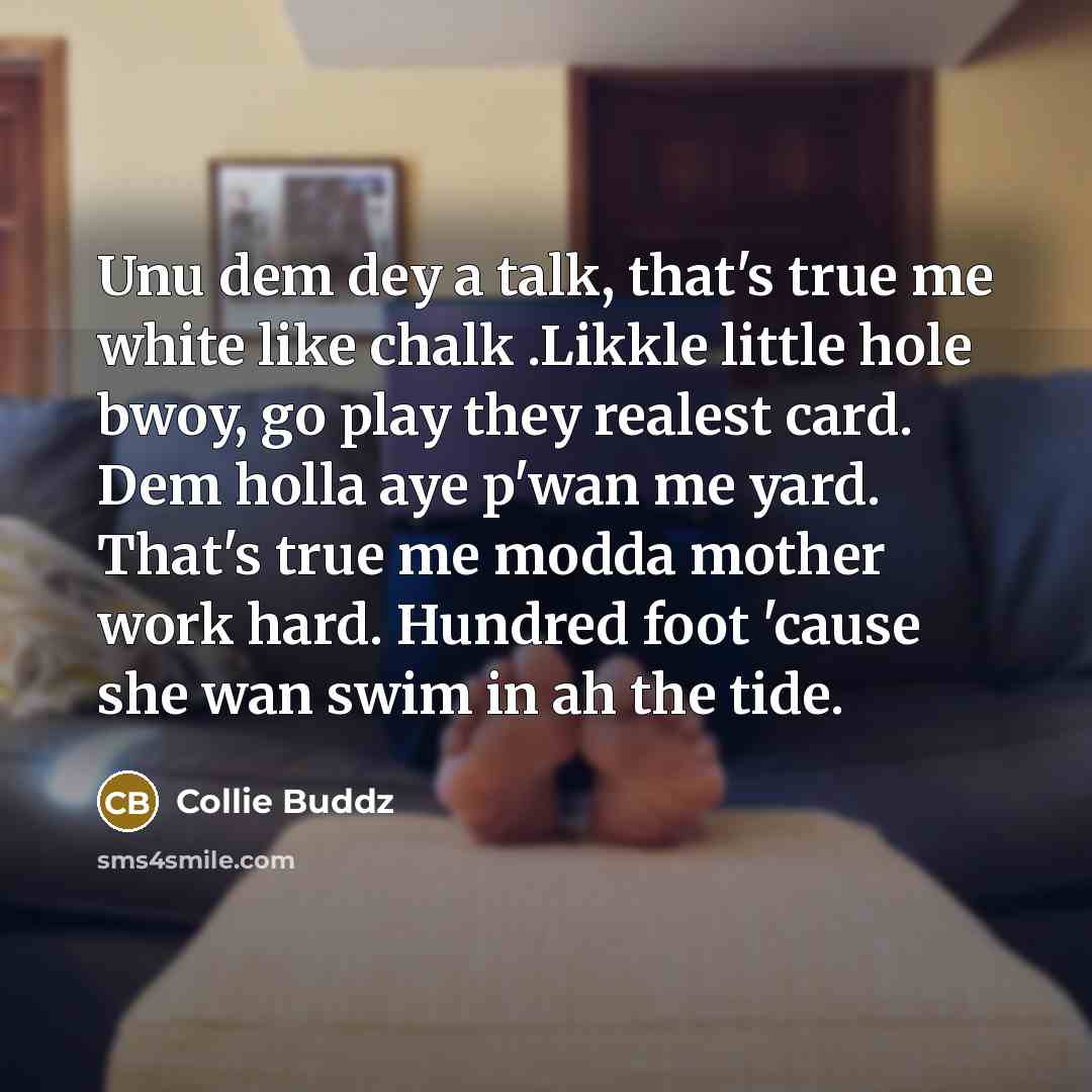 “Unu dem dey a talk, that's true me white like chalk .Likkle little hole bwoy, go play they realest card. Dem holla aye p'wan me yard. That's true me modda mother work hard. Hundred foot 'cause she wan swim in ah the tide.” quote by Collie Buddz