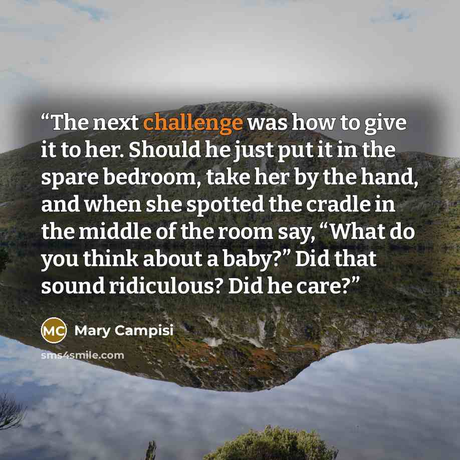 “The next challenge was how to give it to her. Should he just put it in the spare bedroom, take her by the hand, and when she spotted the cradle in the middle of the room say, “What do you think about a baby?” Did that sound ridiculous? Did he care?” quote by Mary Campisi