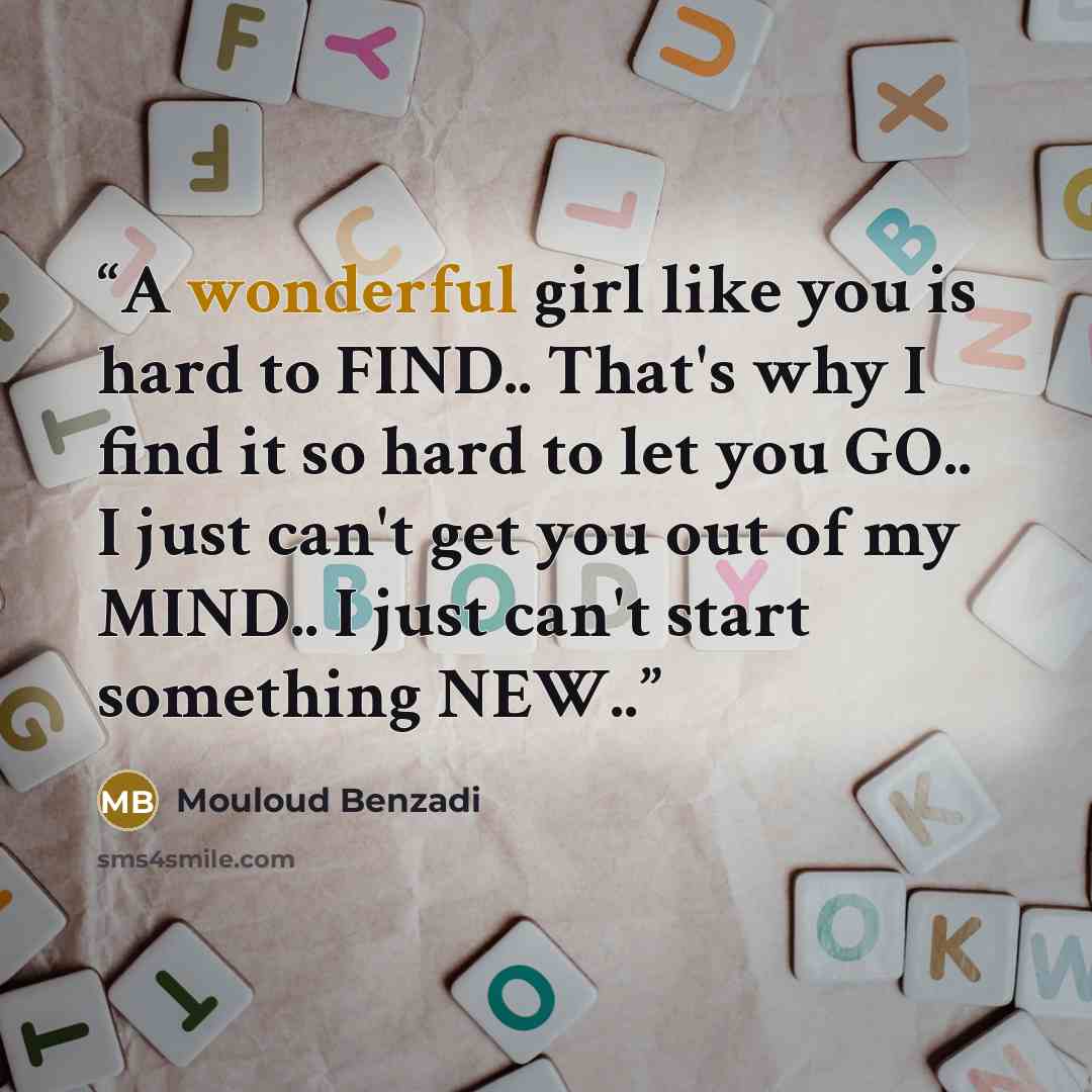 “A wonderful girl like you is hard to FIND.. That's why I find it so hard to let you GO.. I just can't get you out of my MIND.. I just can't start something NEW..” quote by Mouloud Benzadi