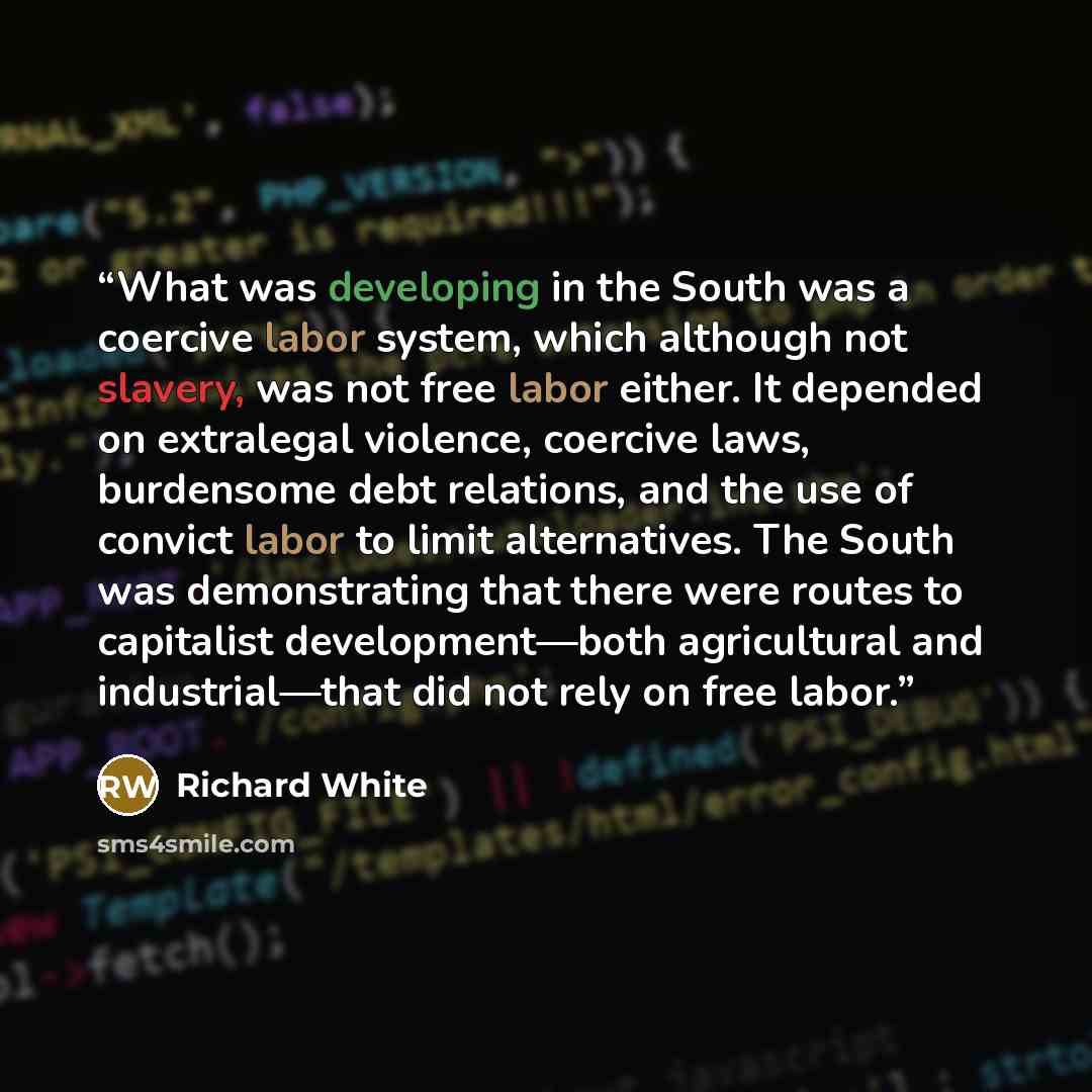 “What was developing in the South was a coercive labor system, which although not slavery, was not free labor either. It depended on extralegal violence, coercive laws, burdensome debt relations, and the use of convict labor to limit alternatives. The South was demonstrating that there were routes…” quote by Richard White