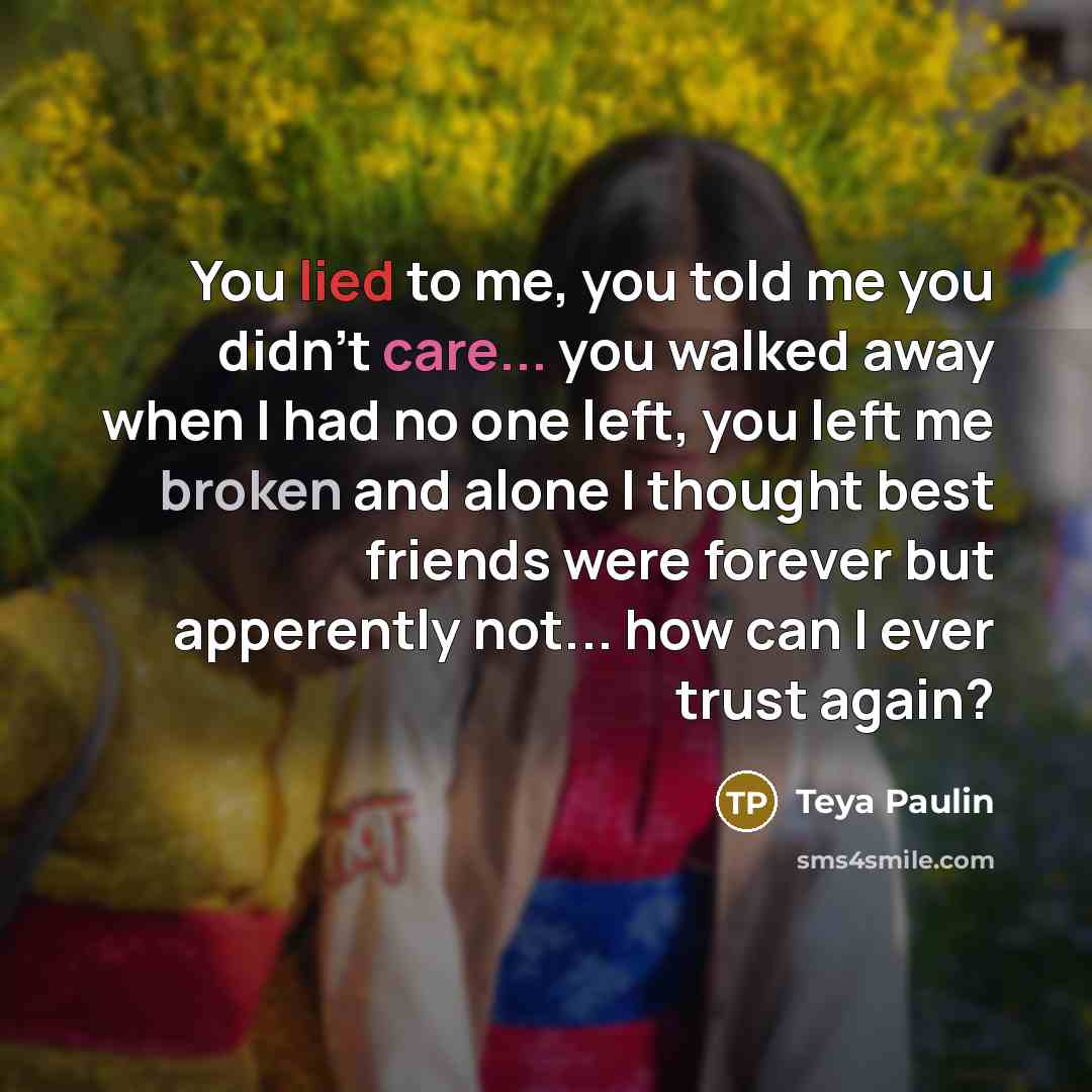“You lied to me, you told me you didn't care... you walked away when I had no one left, you left me broken and alone I thought best friends were forever but apperently not... how can I ever trust again?” quote by Teya Paulin