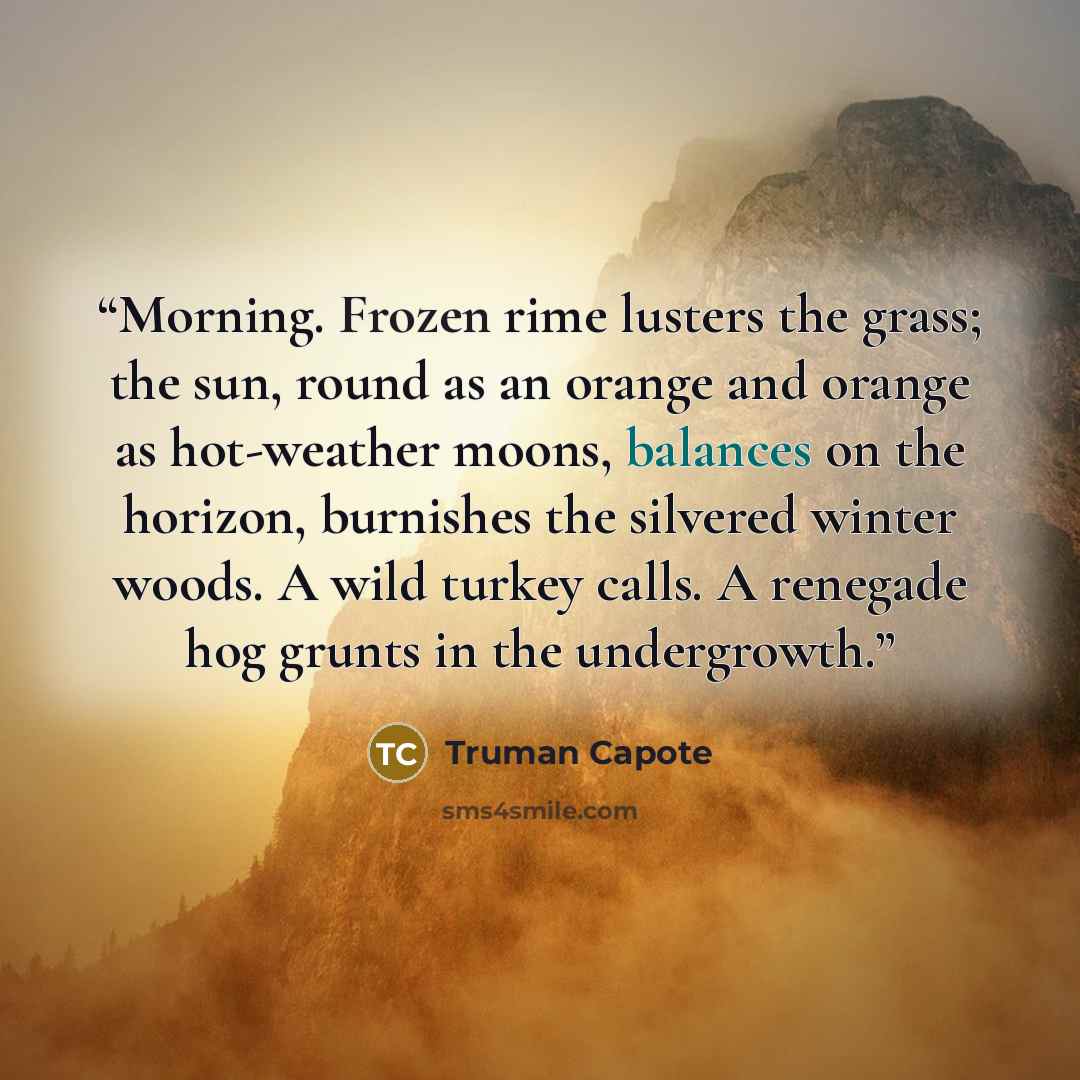 “Morning. Frozen rime lusters the grass; the sun, round as an orange and orange as hot-weather moons, balances on the horizon, burnishes the silvered winter woods. A wild turkey calls. A renegade hog grunts in the undergrowth.” quote by Truman Capote