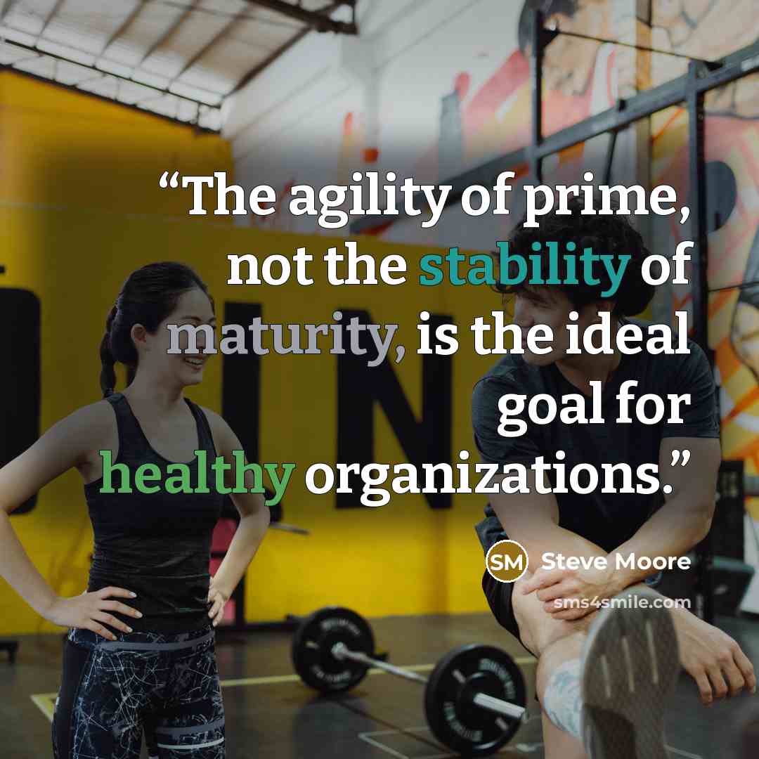 “The agility of prime, not the stability of maturity, is the ideal goal for healthy organizations.” quote by Steve Moore