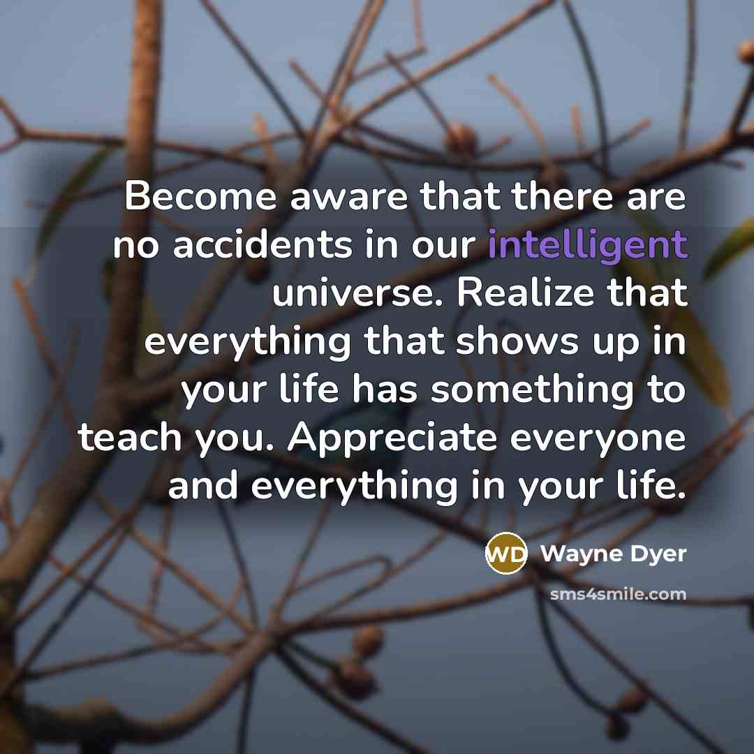 “Become aware that there are no accidents in our intelligent…” quote by Wayne Dyer