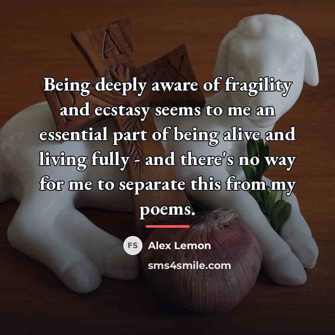 “Being deeply aware of fragility and ecstasy seems to me…” quote by Alex Lemon