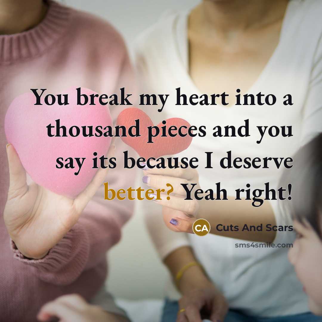 “You break my heart into a thousand pieces and you say its because I deserve better? Yeah right!” quote by Cuts And Scars