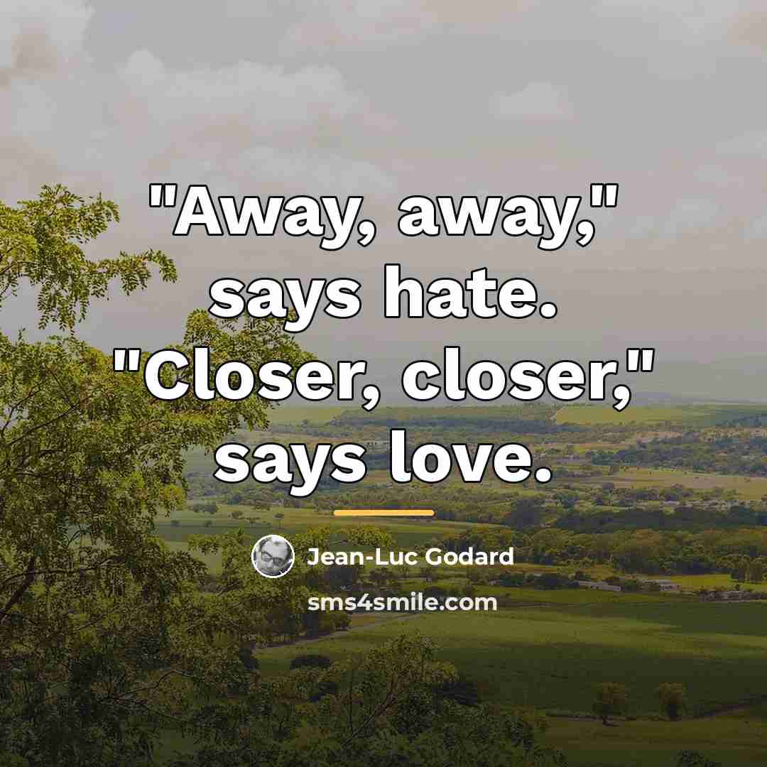 “"Away, away," says hate. "Closer, closer," says love.…” quote by Jean-Luc Godard