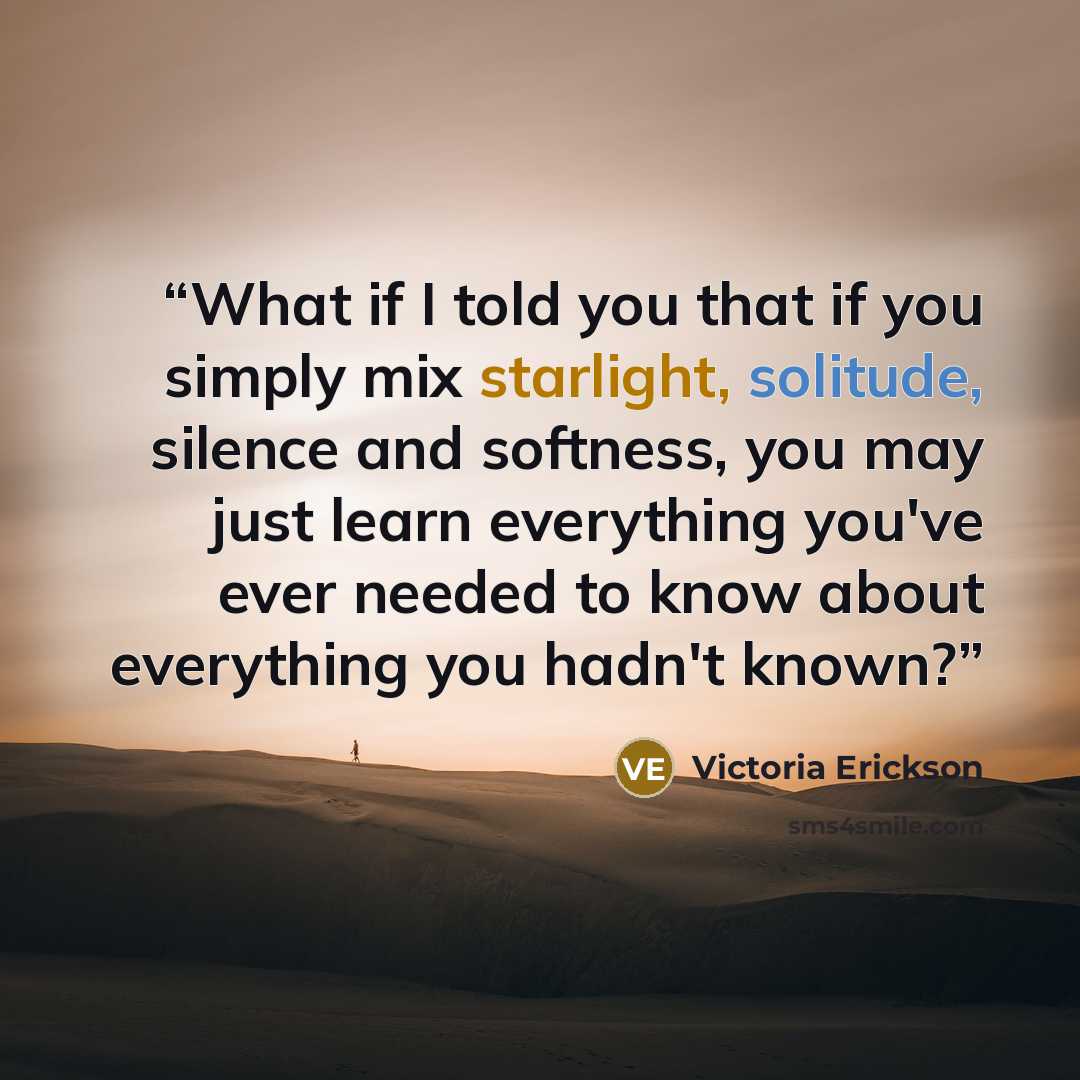 “What if I told you that if you simply mix starlight, solitude, silence and softness, you may just learn everything you've ever needed to know about everything you hadn't known?” quote by Victoria Erickson