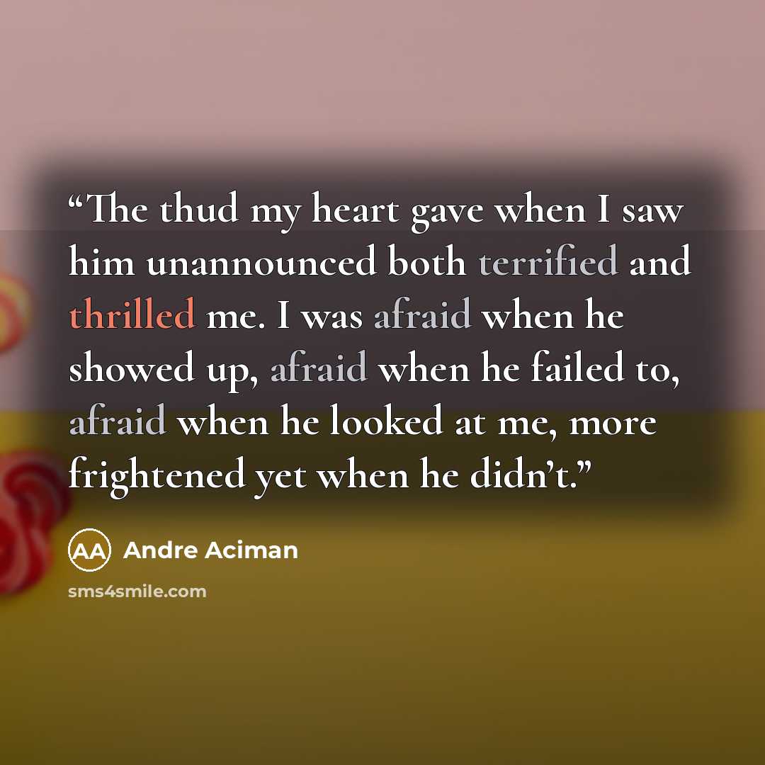 “The thud my heart gave when I saw him unannounced both terrified and thrilled me. I was afraid when he showed up, afraid when he failed to, afraid when he looked at me, more frightened yet when he didn’t.” quote by André Aciman
