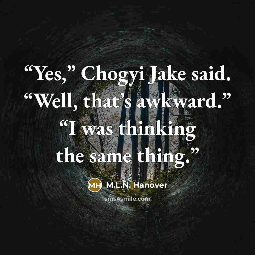 “Yes,” Chogyi Jake said. “Well, that’s awkward.” “I was thinking the same thing.” quote by M.L.N. Hanover