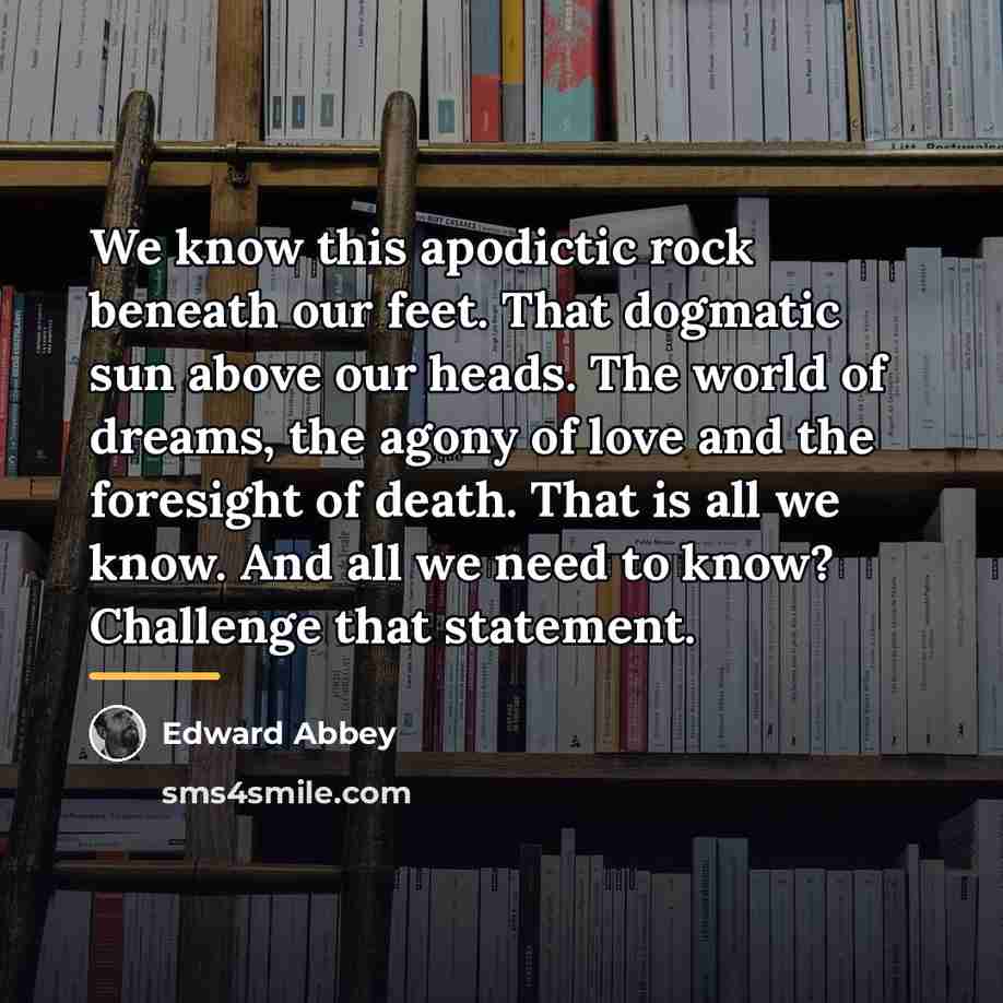 “We know this apodictic rock beneath our feet. That dogmatic…” quote by Edward Abbey