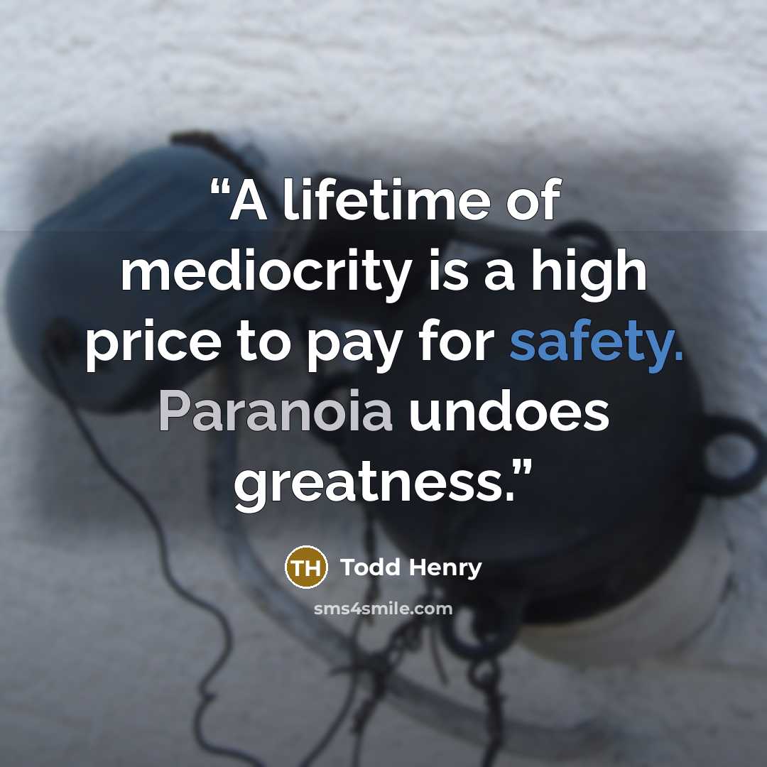 “A lifetime of mediocrity is a high price to pay for safety. Paranoia undoes greatness.” quote by Todd Henry
