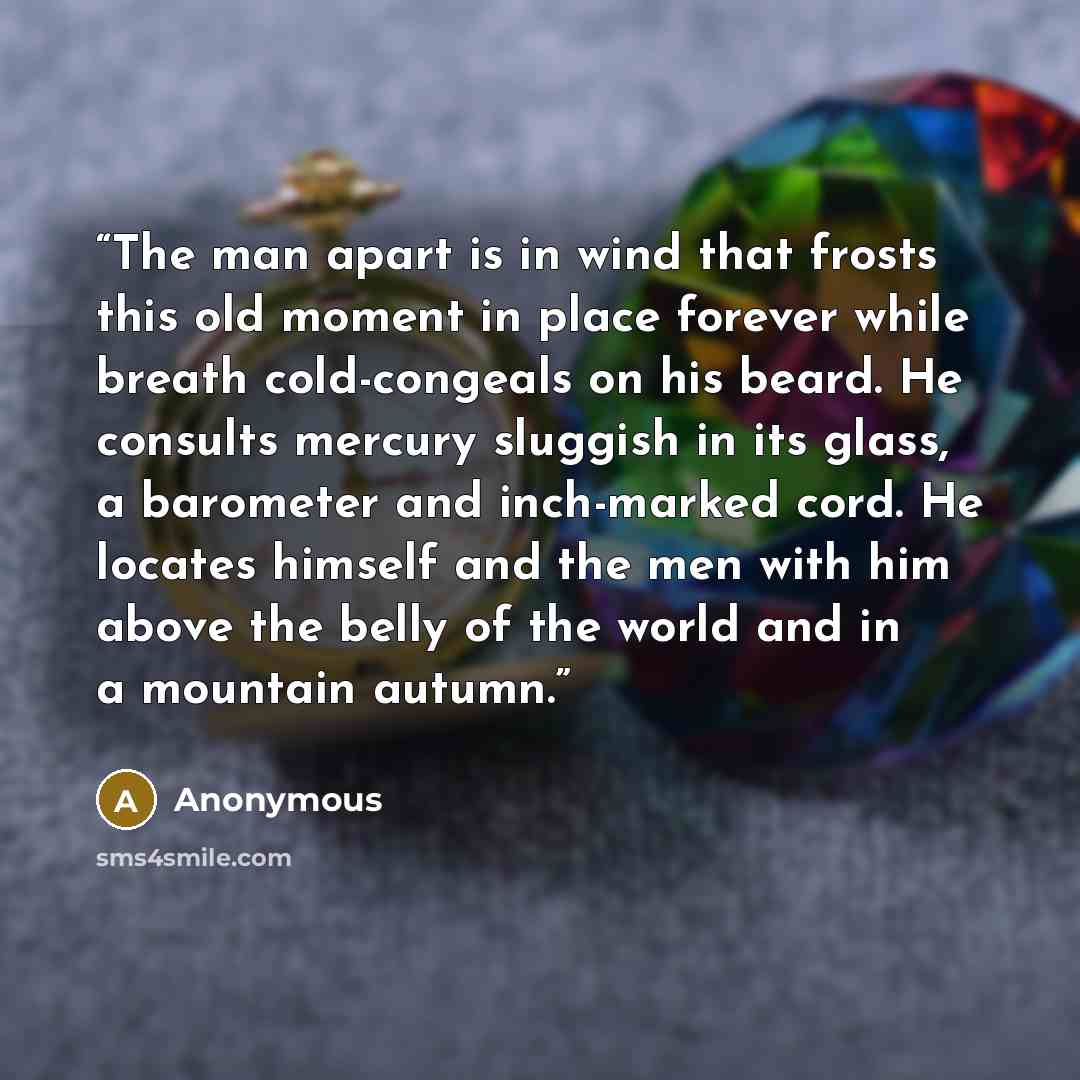 “The man apart is in wind that frosts this old moment in place forever while breath cold-congeals on his beard. He consults mercury sluggish in its glass, a barometer and inch-marked cord. He locates himself and the men with him above the belly of the world and in a mountain autumn.” quote by Anonymous