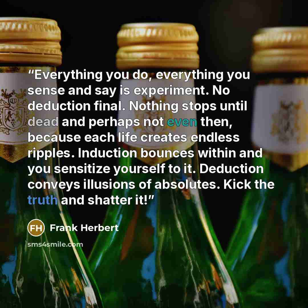 “Everything you do, everything you sense and say is experiment. No deduction final. Nothing stops until dead and perhaps not even then, because each life creates endless ripples. Induction bounces within and you sensitize yourself to it. Deduction conveys illusions of absolutes. Kick the truth and…” quote by Frank Herbert