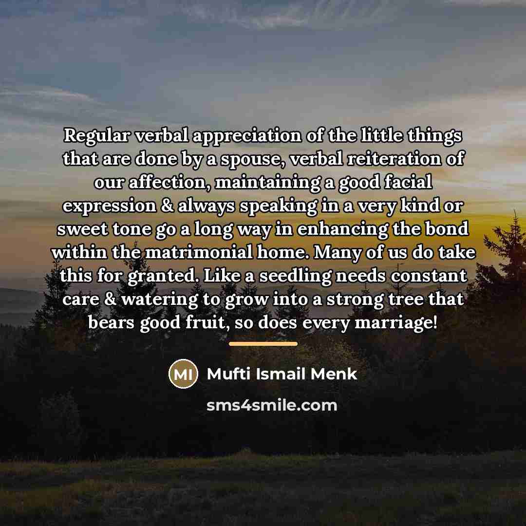 “Regular verbal appreciation of the little things that are done…” quote by Mufti Ismail Menk