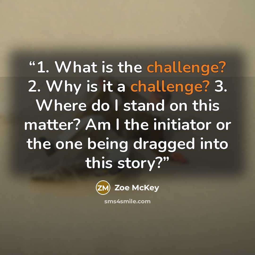 “1. What is the challenge? 2. Why is it a challenge? 3. Where do I stand on this matter? Am I the initiator or the one being dragged into this story?” quote by Zoe McKey