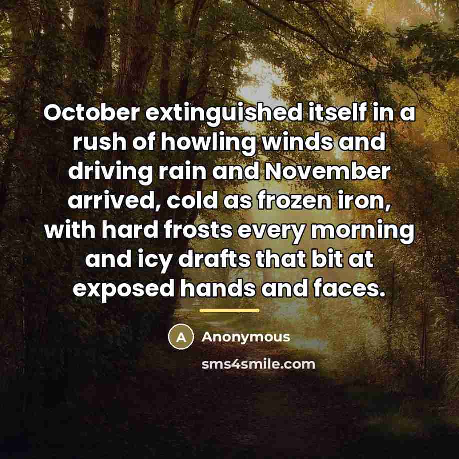 “October extinguished itself in a rush of howling winds and…” quote by Anonymous