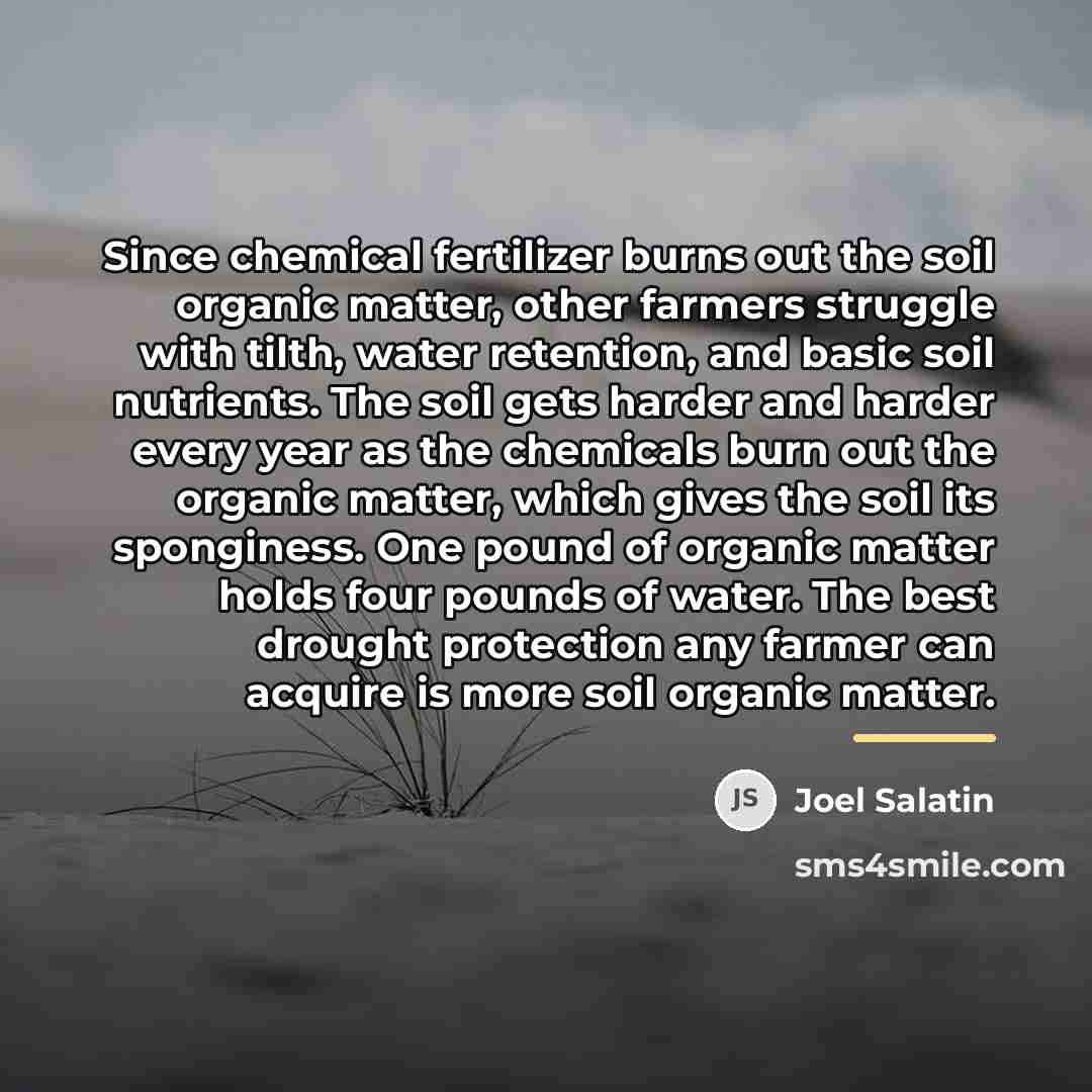 “Since chemical fertilizer burns out the soil organic matter, other…” quote by Joel Salatin