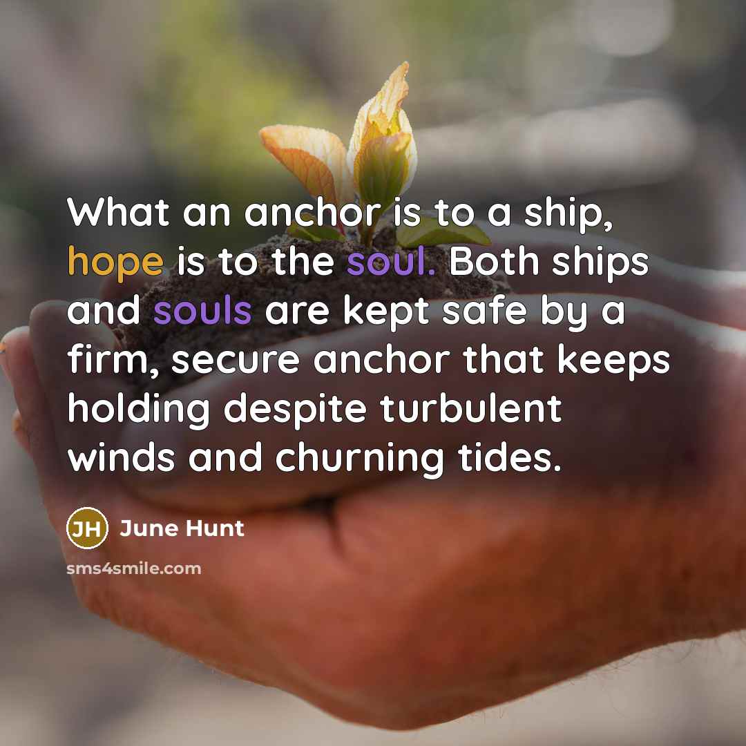 “What an anchor is to a ship, hope is to the soul. Both ships and souls are kept safe by a firm, secure anchor that keeps holding despite turbulent winds and churning tides.” quote by June Hunt