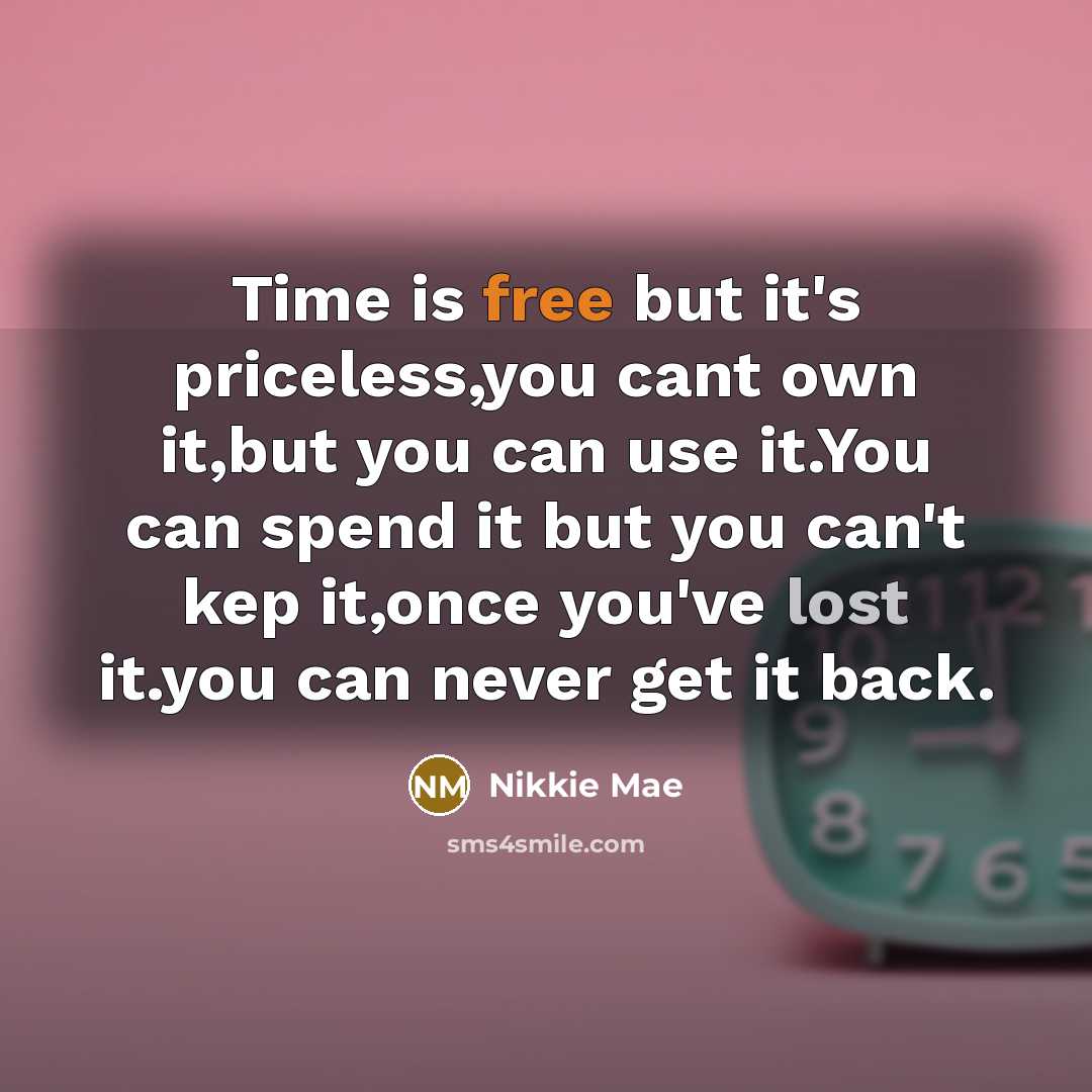 “Time is free but it's priceless,you cant own it,but you can use it.You can spend it but you can't kep it,once you've lost it.you can never get it back.” quote by Nikkie Mae