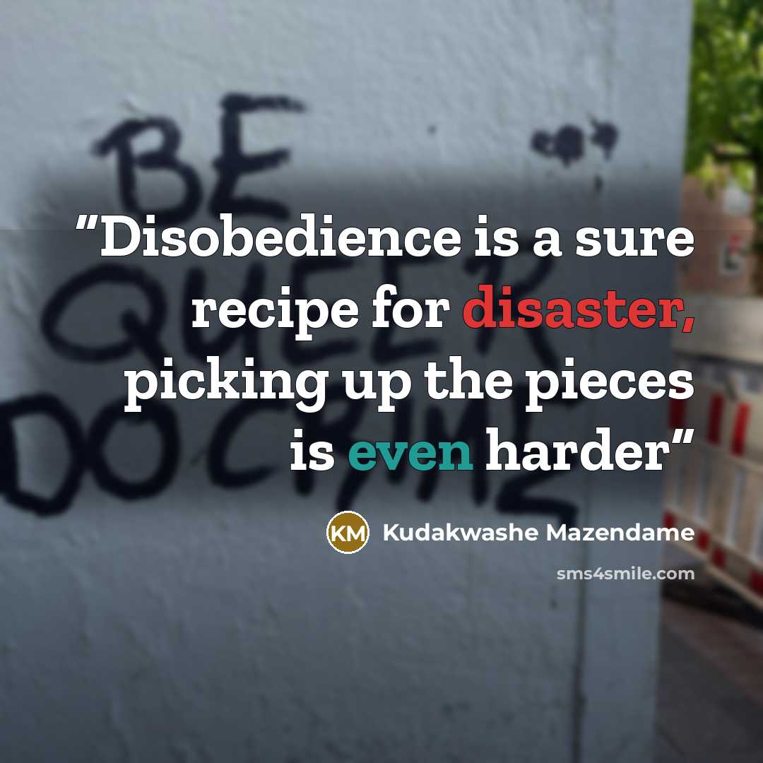 “Disobedience is a sure recipe for disaster, picking up the pieces is even harder” quote by Kudakwashe Mazendame