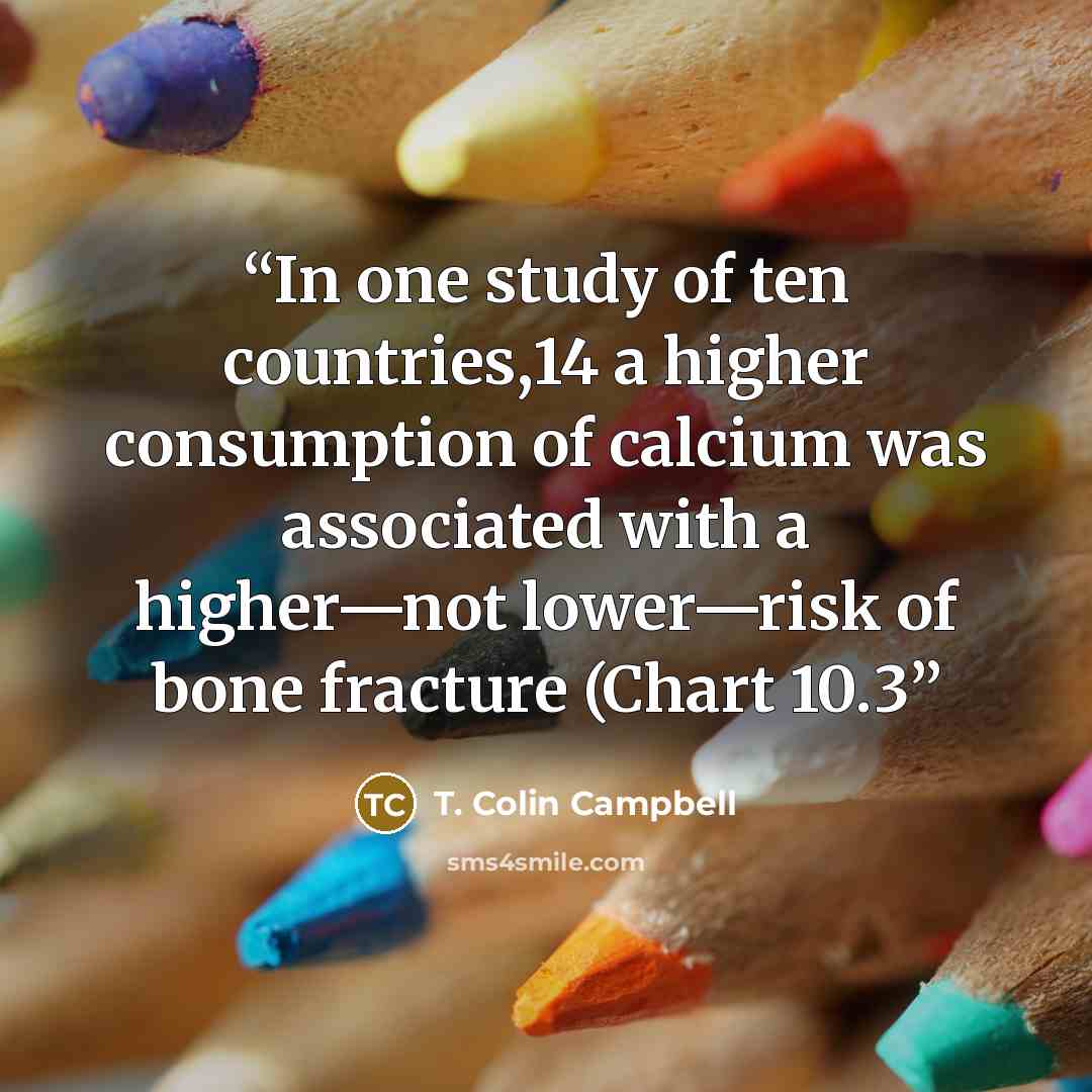 “In one study of ten countries,14 a higher consumption of calcium was associated with a higher—not lower—risk of bone fracture (Chart 10.3” quote by T. Colin Campbell
