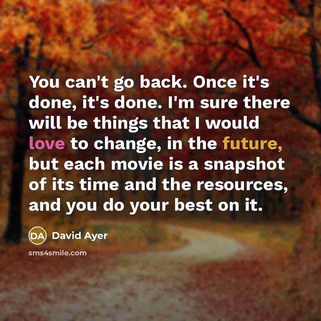 “You can't go back. Once it's done, it's done. I'm sure there will be things that I would love to change, in the future, but each movie is a snapshot of its time and the resources, and you do your best on it.” quote by David Ayer
