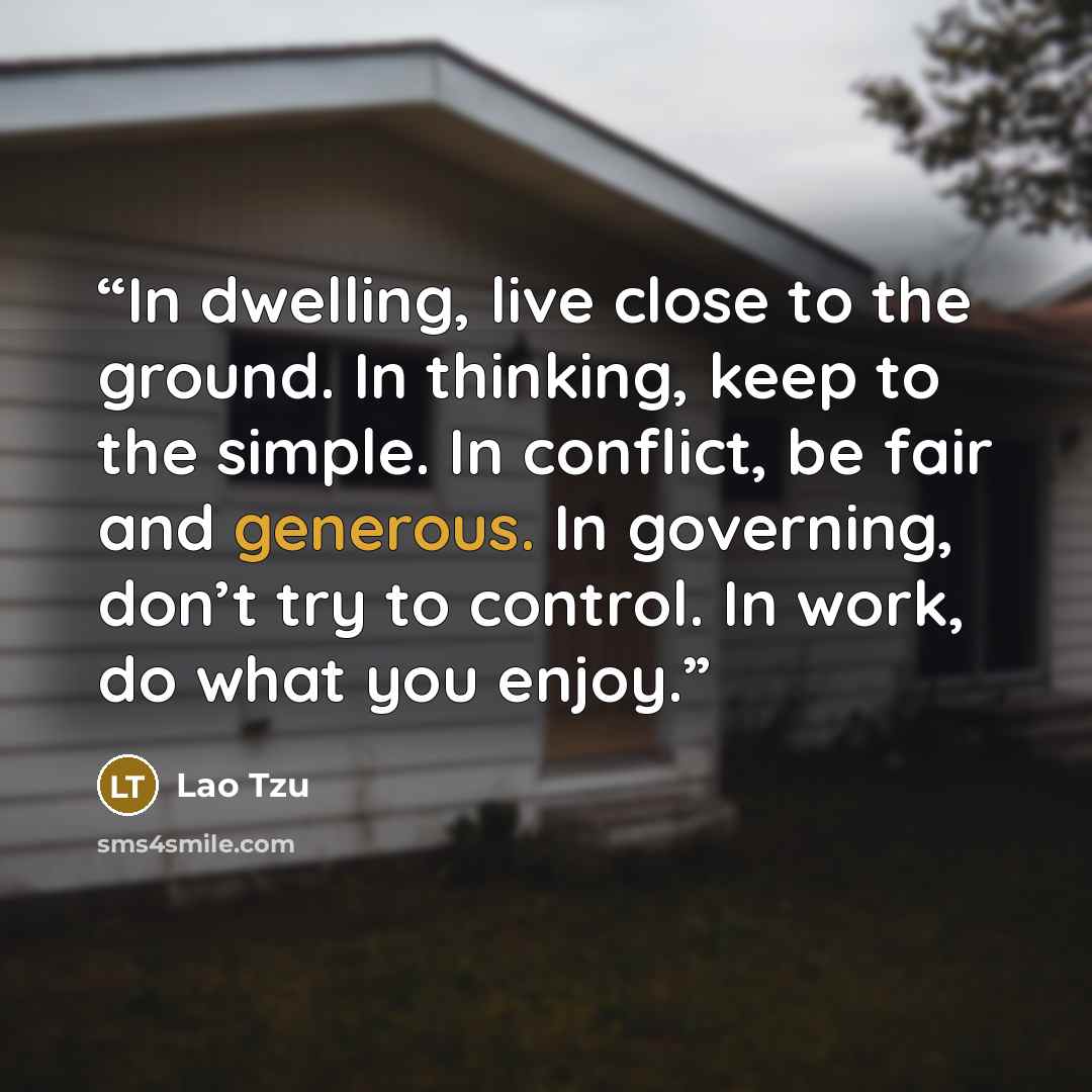 “In dwelling, live close to the ground. In thinking, keep to the simple. In conflict, be fair and generous. In governing, don’t try to control. In work, do what you enjoy.” quote by Lao Tzu