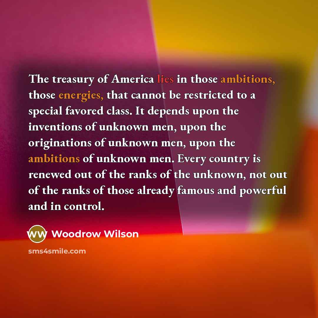“The treasury of America lies in those ambitions, those energies,…” quote by Woodrow Wilson