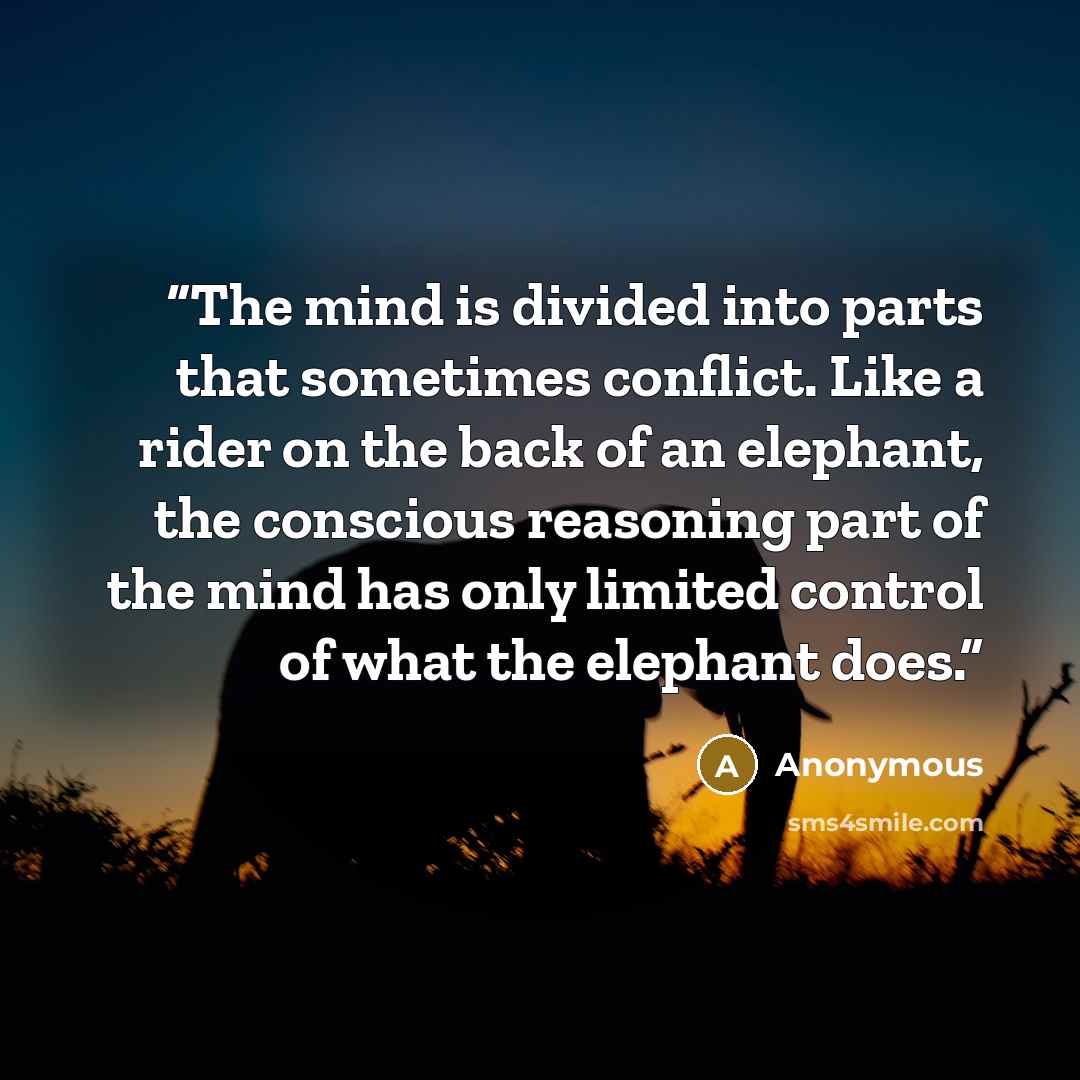 “The mind is divided into parts that sometimes conflict. Like a rider on the back of an elephant, the conscious reasoning part of the mind has only limited control of what the elephant does.” quote by Anonymous