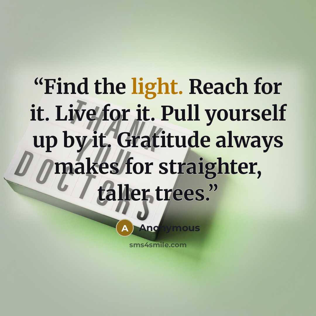 “Find the light. Reach for it. Live for it. Pull yourself up by it. Gratitude always makes for straighter, taller trees.” quote by Anonymous