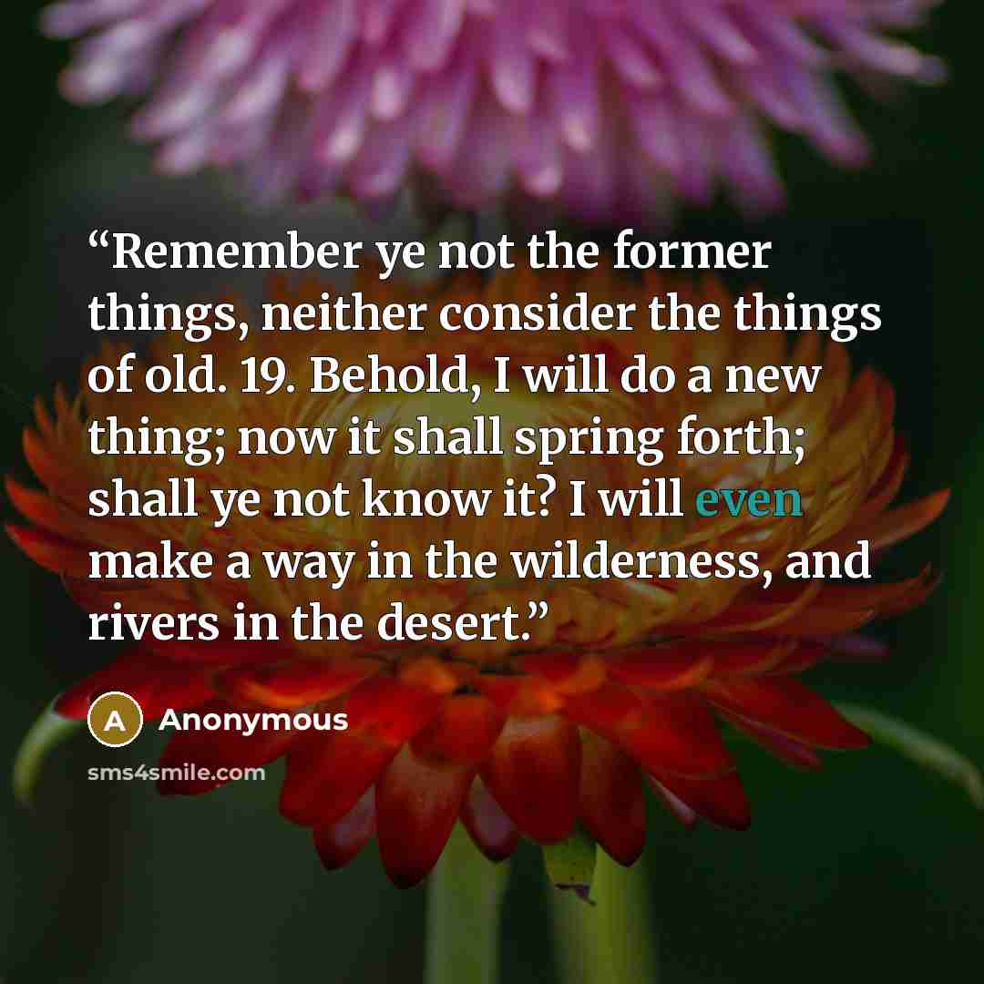 “Remember ye not the former things, neither consider the things of old. 19. Behold, I will do a new thing; now it shall spring forth; shall ye not know it? I will even make a way in the wilderness, and rivers in the desert.” quote by Anonymous