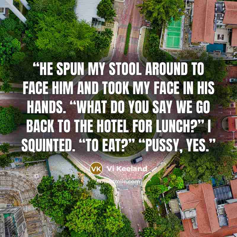 “He spun my stool around to face him and took my face in his hands. “What do you say we go back to the hotel for lunch?” I squinted. “To eat?” “Pussy, yes.” quote by Vi Keeland