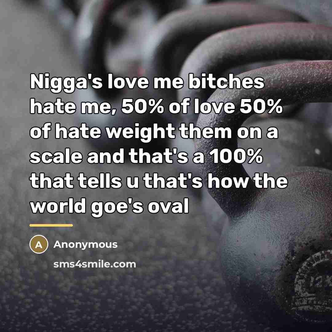 “Nigga's love me bitches hate me, 50% of love 50% of hate weight them on a scale and that's a 100% that tells u that's how the world goe's oval” quote by Shamika Brown