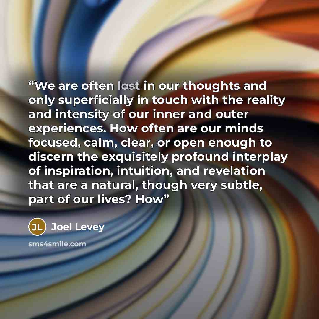 “We are often lost in our thoughts and only superficially in touch with the reality and intensity of our inner and outer experiences. How often are our minds focused, calm, clear, or open enough to discern the exquisitely profound interplay of inspiration, intuition, and revelation that are a…” quote by Joel Levey