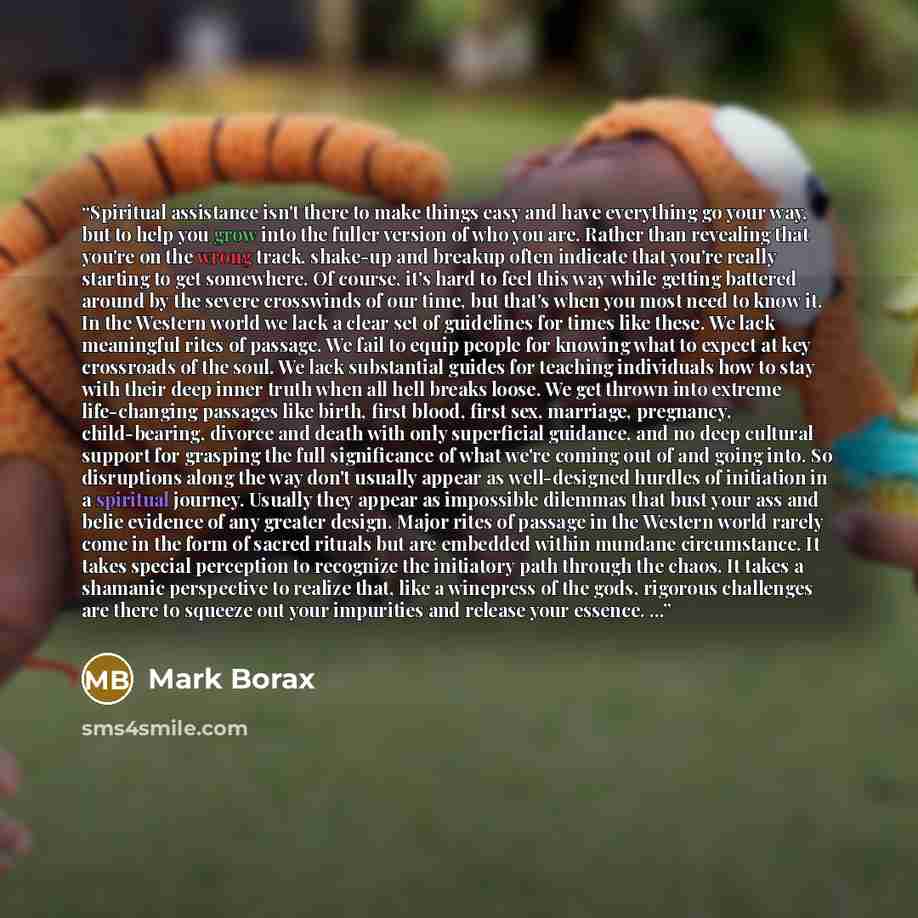 “Spiritual assistance isn't there to make things easy and have everything go your way, but to help you grow into the fuller version of who you are. Rather than revealing that you're on the wrong track, shake-up and breakup often indicate that you're really starting to get somewhere. Of course, it's…” quote by Mark Borax