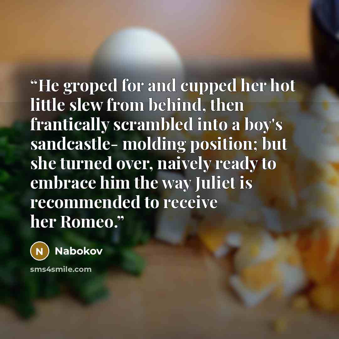 “He groped for and cupped her hot little slew from behind, then frantically scrambled into a boy's sandcastle- molding position; but she turned over, naively ready to embrace him the way Juliet is recommended to receive her Romeo.” quote by Nabokov