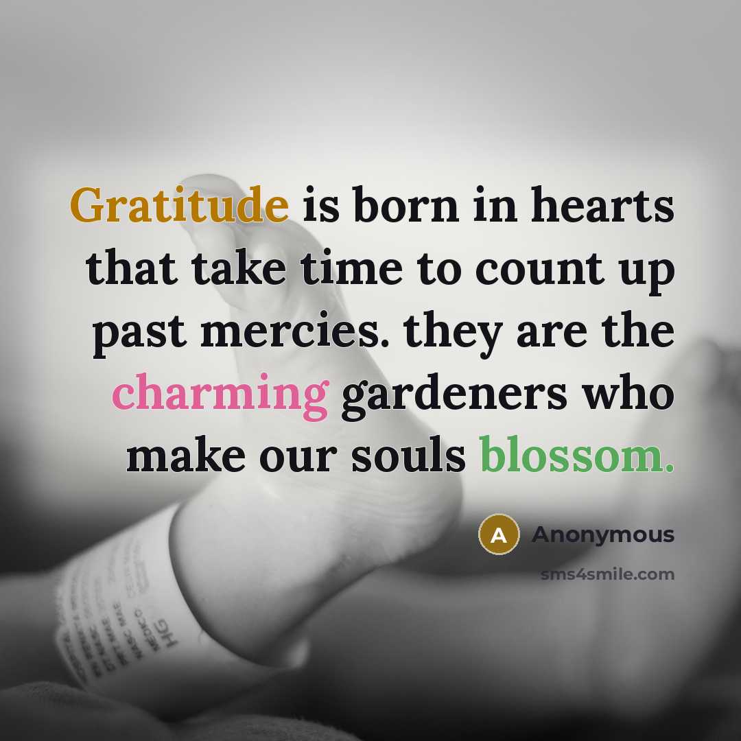 “Gratitude is born in hearts that take time to count up past mercies. they are the charming gardeners who make our souls blossom.” quote by Anonymous