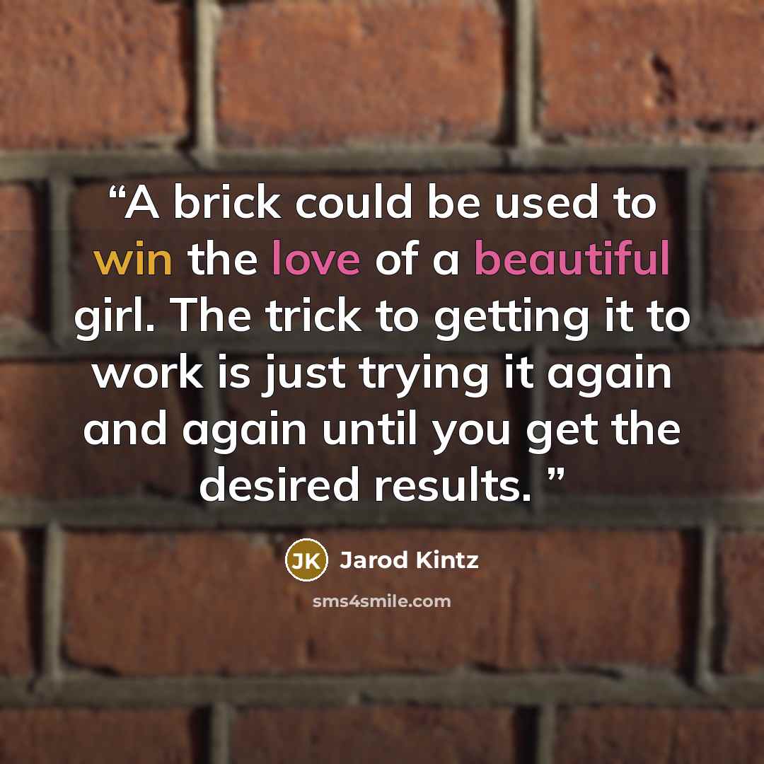 “A brick could be used to win the love of a beautiful girl. The trick to getting it to work is just trying it again and again until you get the desired results.” quote by Jarod Kintz