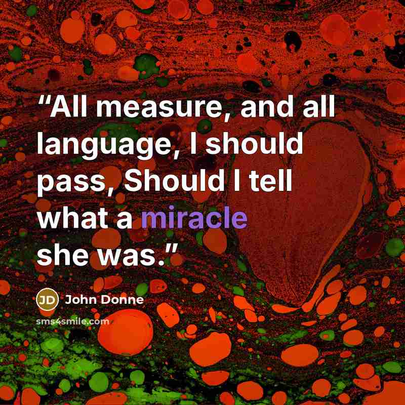 “All measure, and all language, I should pass, Should I tell what a miracle she was.” quote by John Donne