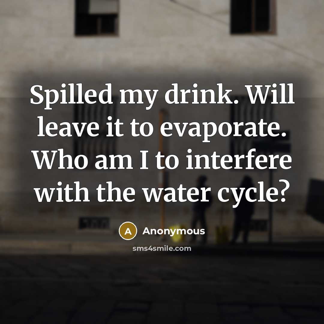 “Spilled my drink. Will leave it to evaporate. Who am I to interfere with the water cycle?” quote by Anonymous