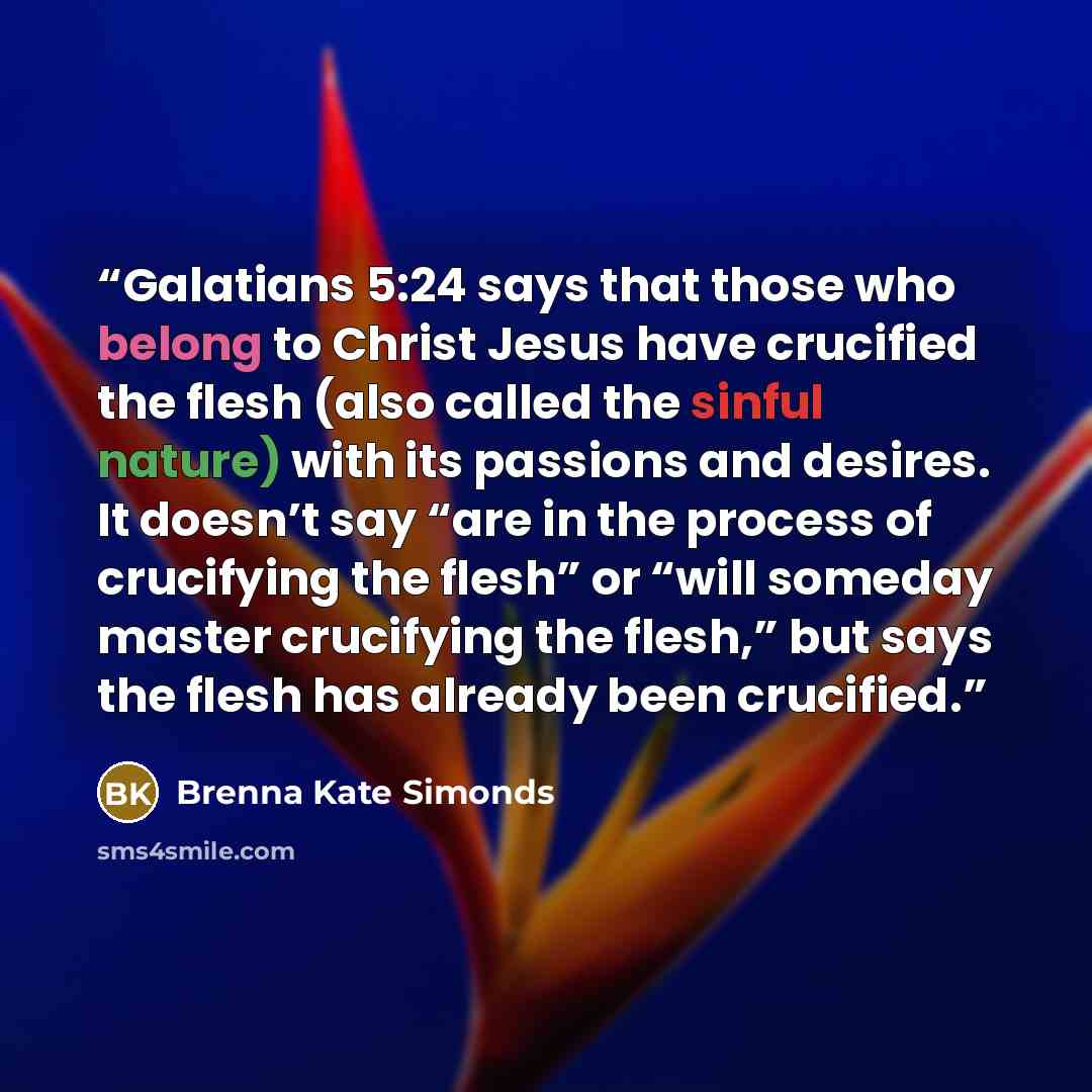 “Galatians 5:24 says that those who belong to Christ Jesus have crucified the flesh (also called the sinful nature) with its passions and desires. It doesn’t say “are in the process of crucifying the flesh” or “will someday master crucifying the flesh,” but says the flesh has already been crucified.” quote by Brenna Kate Simonds