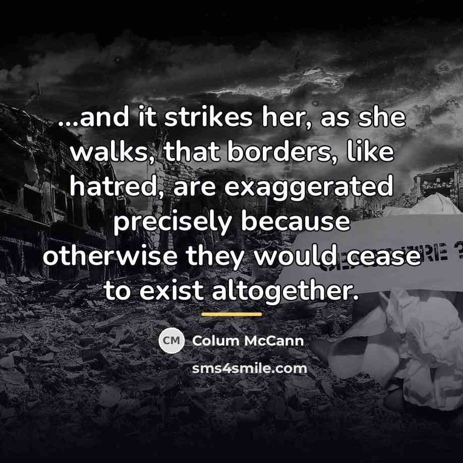 “...and it strikes her, as she walks, that borders, like…” quote by Colum McCann