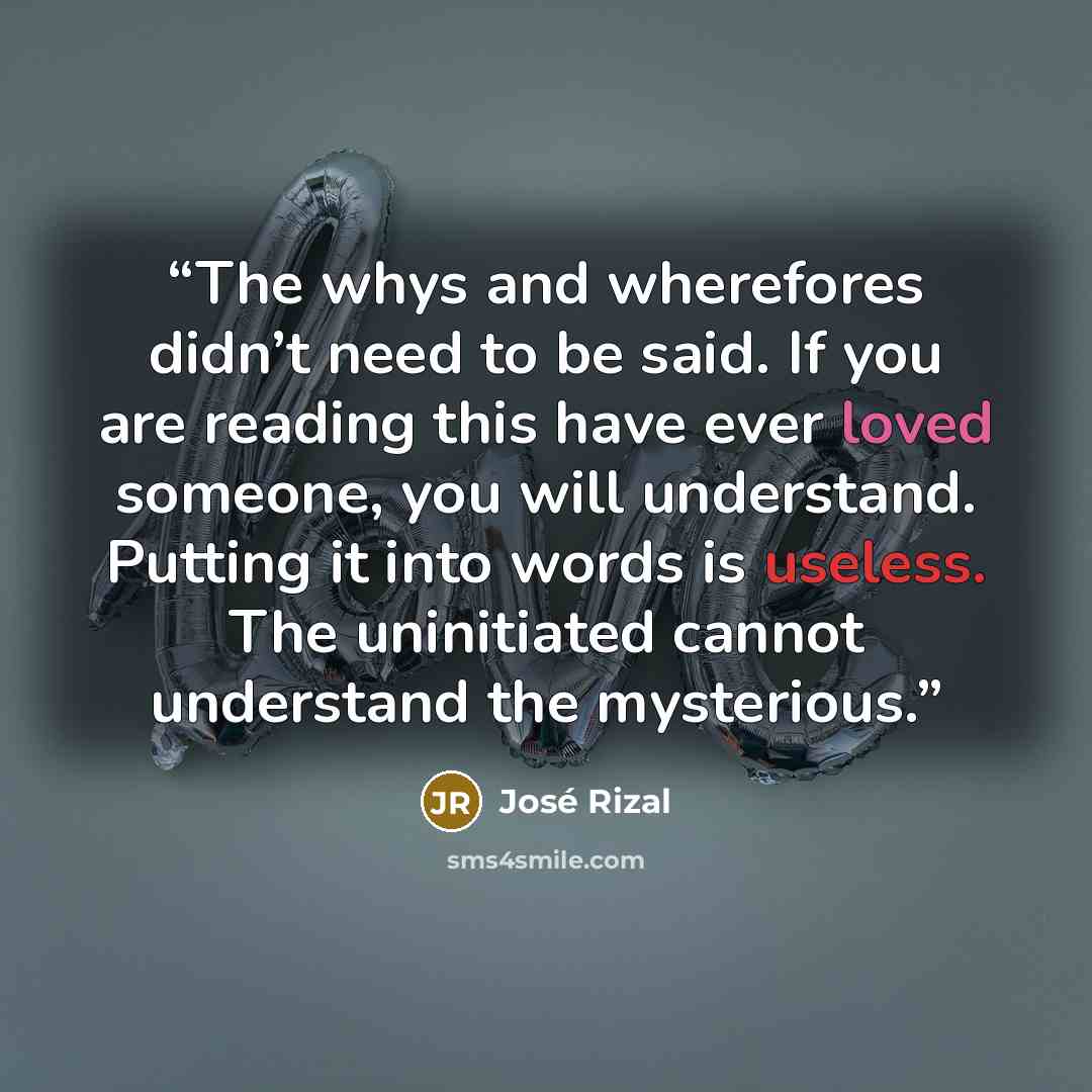 “The whys and wherefores didn’t need to be said. If you are reading this have ever loved someone, you will understand. Putting it into words is useless. The uninitiated cannot understand the mysterious.” quote by José Rizal