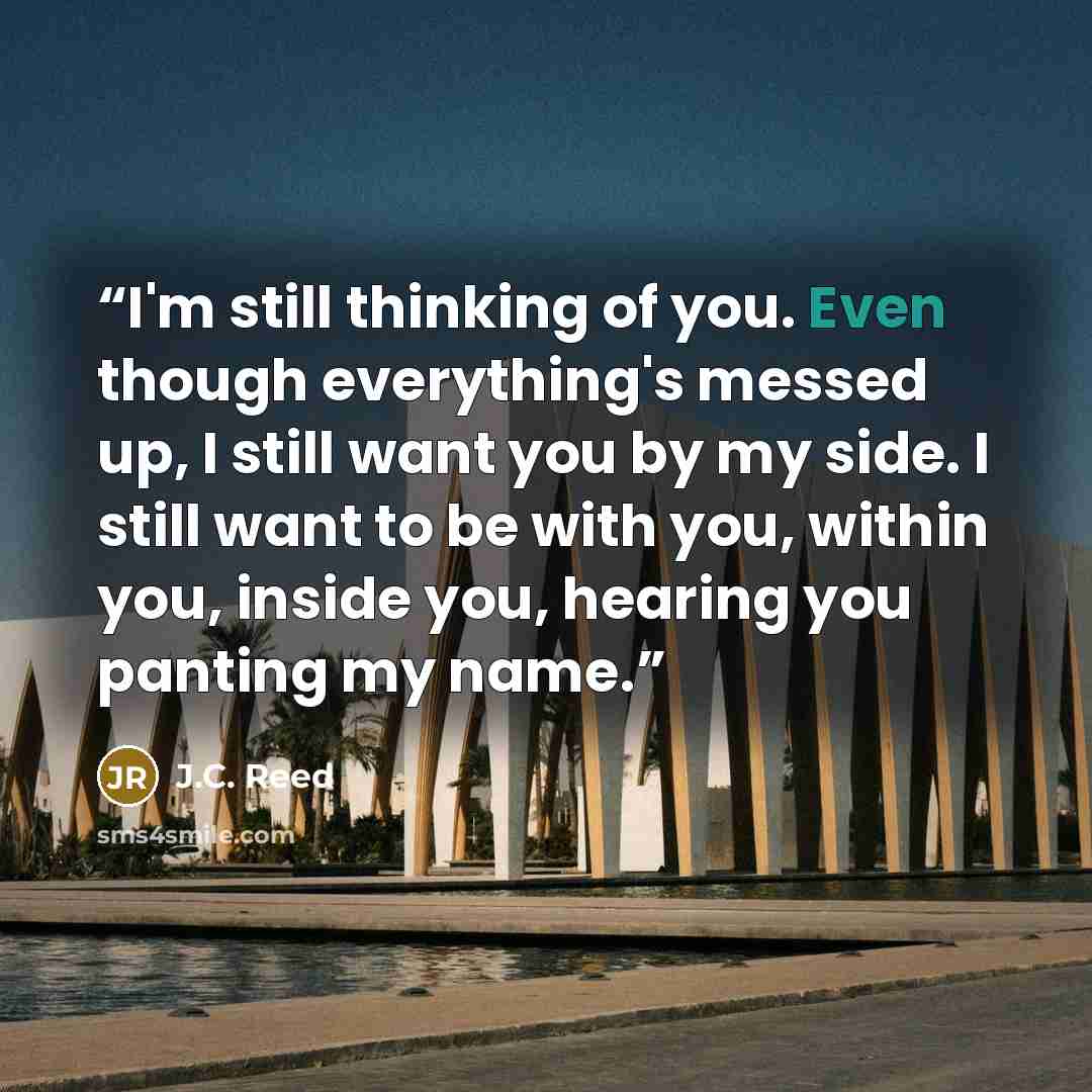 “I'm still thinking of you. Even though everything's messed up, I still want you by my side. I still want to be with you, within you, inside you, hearing you panting my name.” quote by J.C. Reed