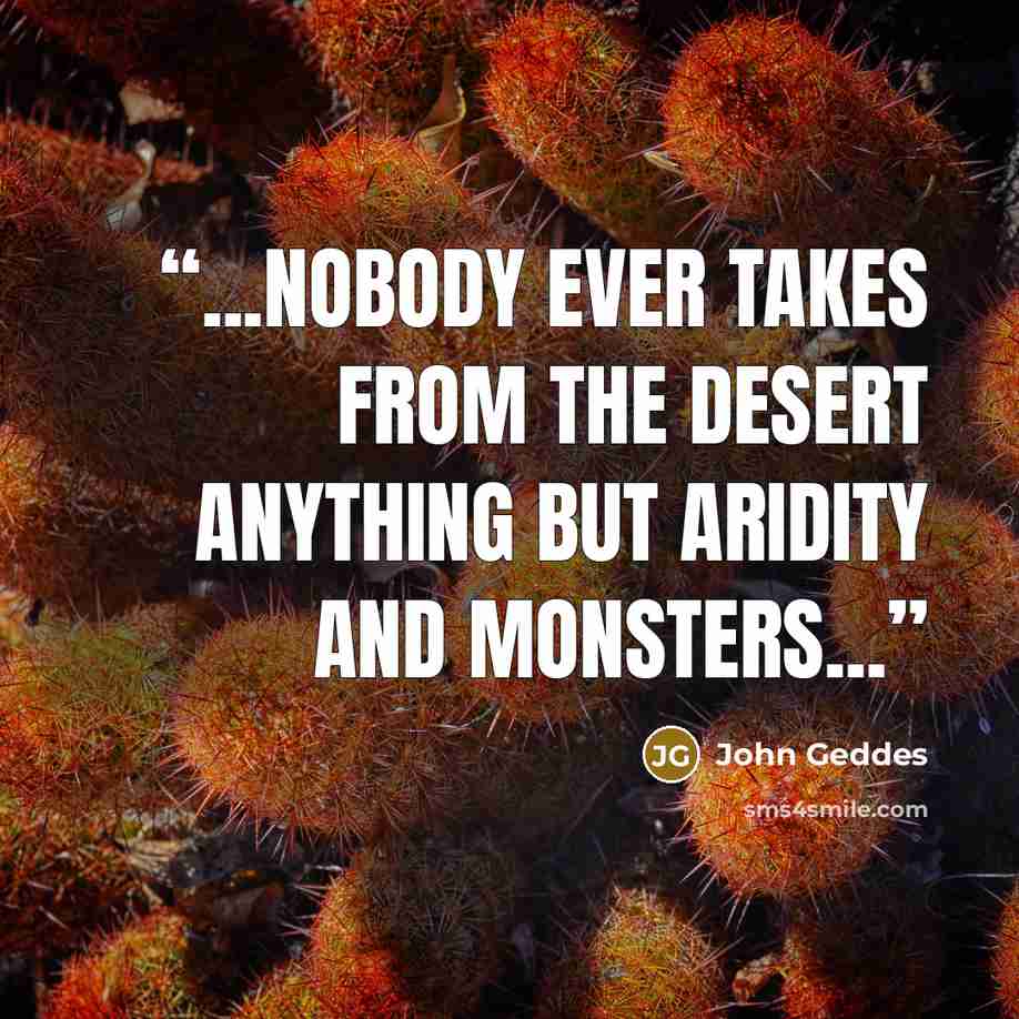 “...nobody ever takes from the desert anything but aridity and monsters...” quote by John Geddes