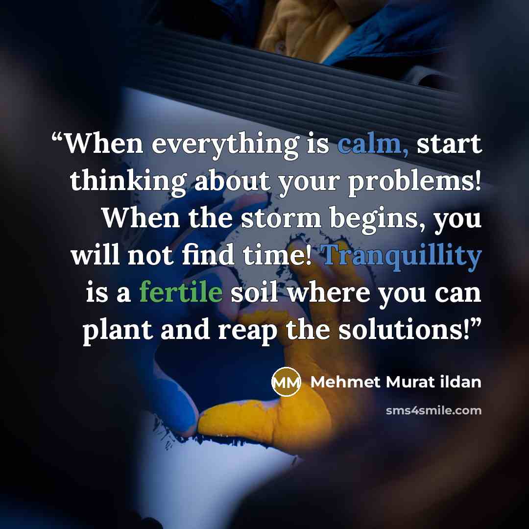 “When everything is calm, start thinking about your problems! When the storm begins, you will not find time! Tranquillity is a fertile soil where you can plant and reap the solutions!” quote by Mehmet Murat ildan