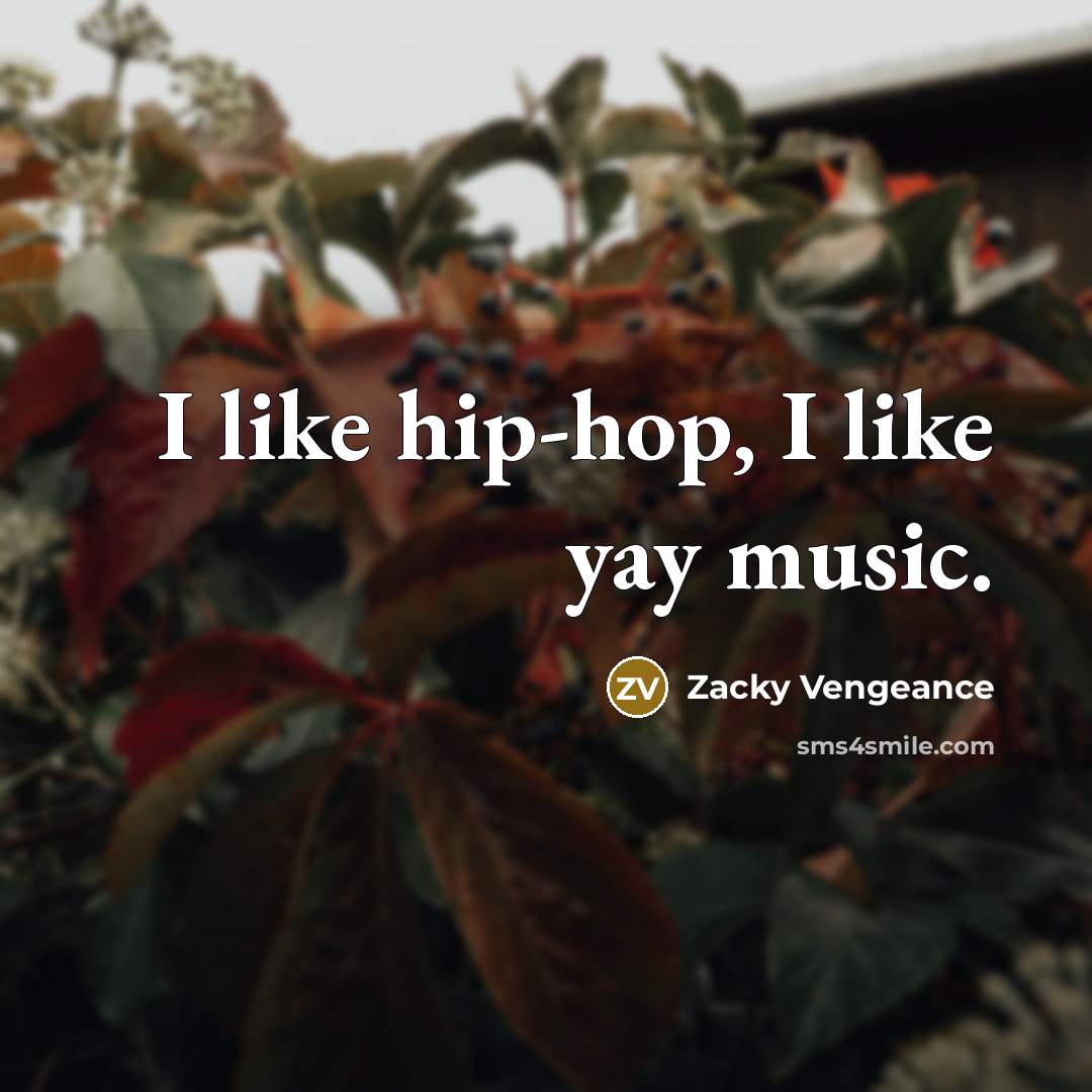 “I like hip-hop, I like yay music.…” quote by Zacky Vengeance