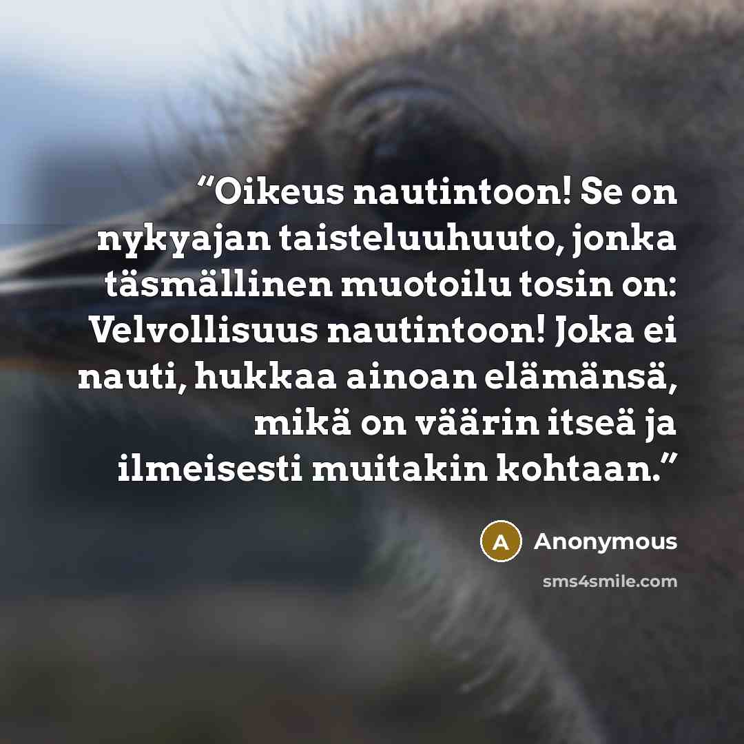 “Oikeus nautintoon! Se on nykyajan taisteluuhuuto, jonka täsmällinen muotoilu tosin on: Velvollisuus nautintoon! Joka ei nauti, hukkaa ainoan elämänsä, mikä on väärin itseä ja ilmeisesti muitakin kohtaan.” quote by Anonymous